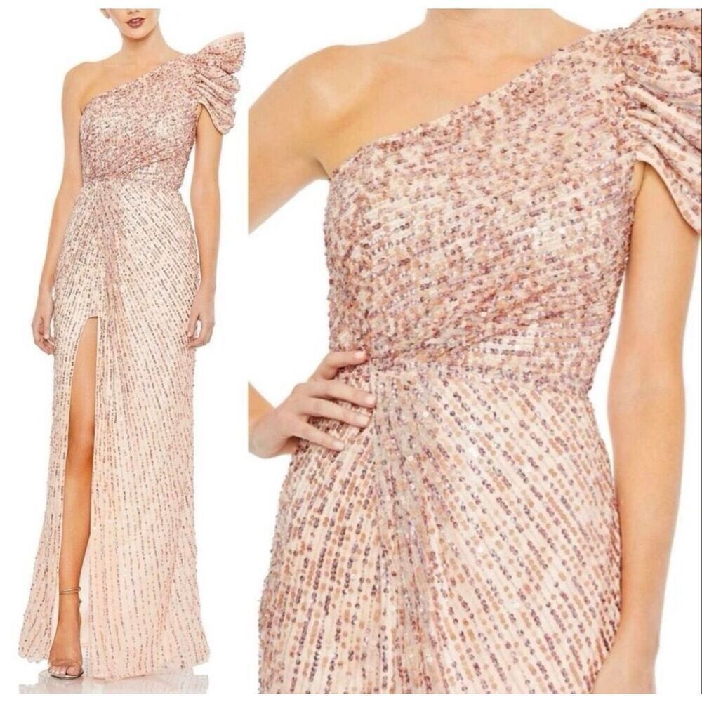 NWT Mac Duggal 5622 Embellished Puff One Shoulder Gown Apricot, Sz 6, $565